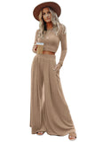 LC625150-18-S, LC625150-18-M, LC625150-18-L, LC625150-18-XL, Apricot Solid Color Ribbed Crop Top Long Pants Set