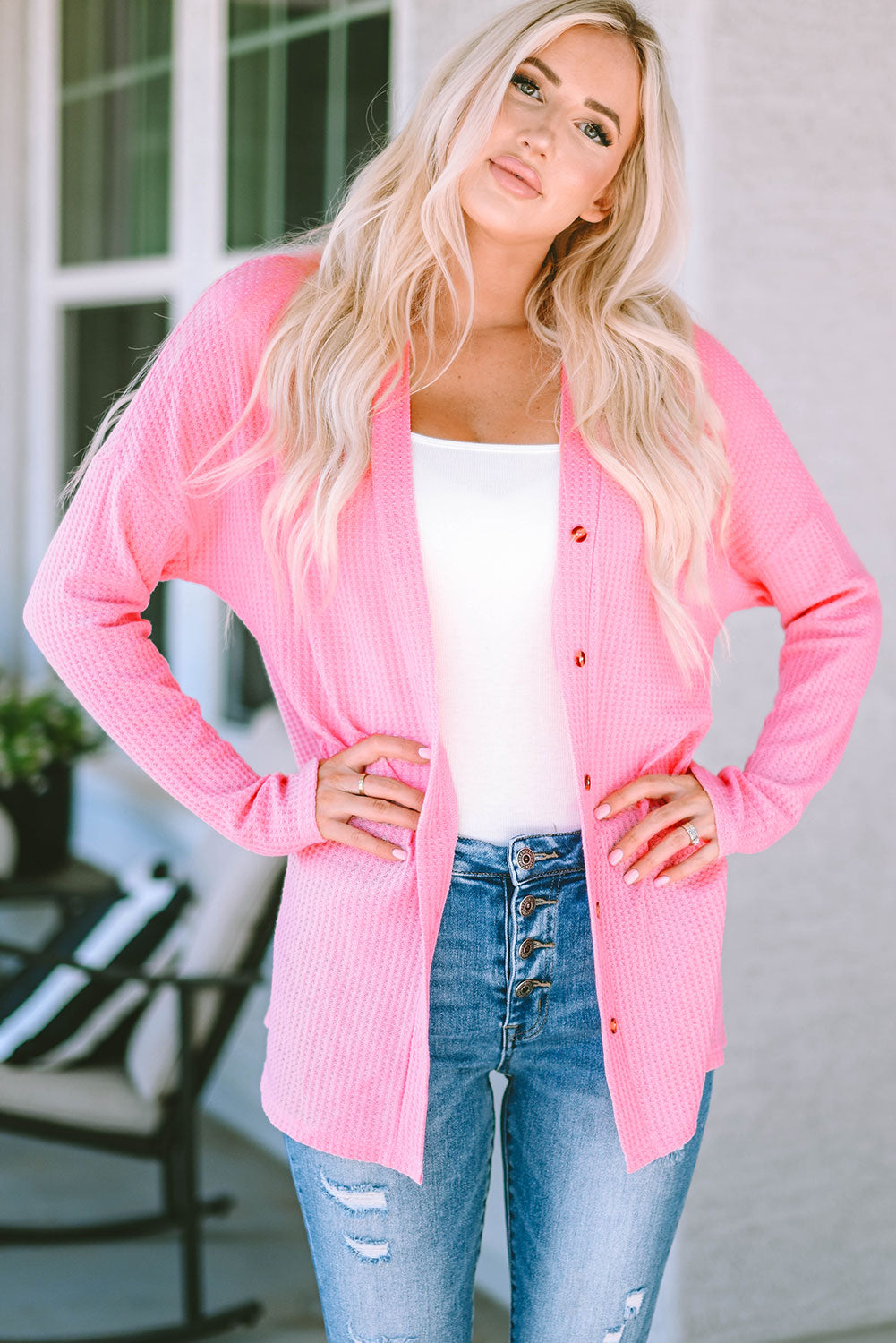 LC2541899-10-S, LC2541899-10-M, LC2541899-10-L, LC2541899-10-XL, Pink Waffle Knit Dropped Shoulder Cardigan