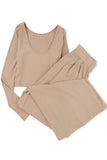 LC625150-18-S, LC625150-18-M, LC625150-18-L, LC625150-18-XL, Apricot Solid Color Ribbed Crop Top Long Pants Set