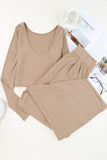 LC625150-18-S, LC625150-18-M, LC625150-18-L, LC625150-18-XL, Apricot Solid Color Ribbed Crop Top Long Pants Set