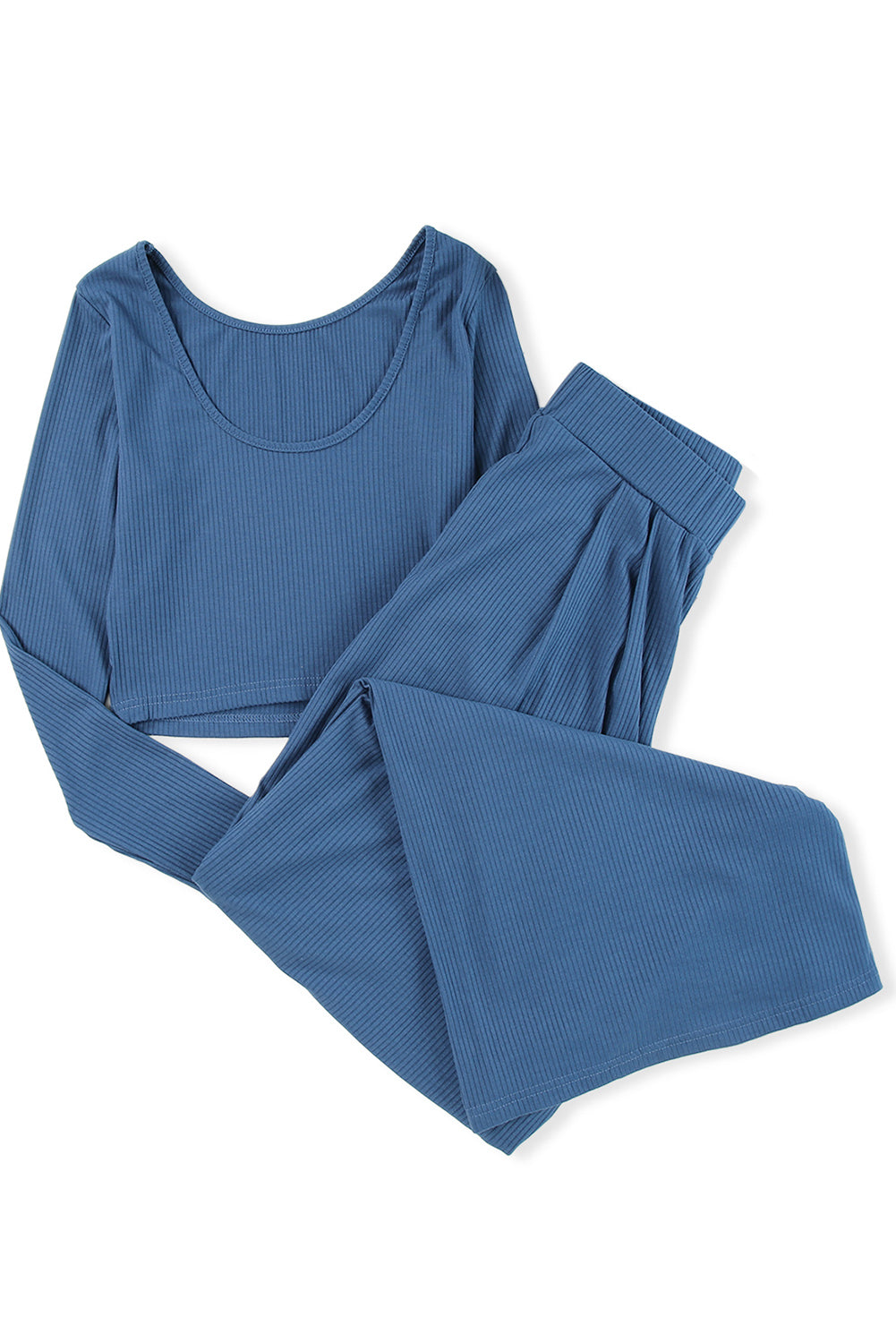 LC625150-5-S, LC625150-5-M, LC625150-5-L, LC625150-5-XL, Blue Solid Color Ribbed Crop Top Long Pants Set