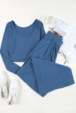 LC625150-5-S, LC625150-5-M, LC625150-5-L, LC625150-5-XL, Blue Solid Color Ribbed Crop Top Long Pants Set