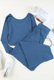 LC625150-5-S, LC625150-5-M, LC625150-5-L, LC625150-5-XL, Blue Solid Color Ribbed Crop Top Long Pants Set