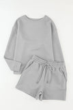 LC625104-11-S, LC625104-11-M, LC625104-11-L, LC625104-11-XL, LC625104-11-2XL, Gray Textured Long Sleeve Top and Drawstring Shorts Set