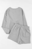 LC625104-11-S, LC625104-11-M, LC625104-11-L, LC625104-11-XL, LC625104-11-2XL, Gray Textured Long Sleeve Top and Drawstring Shorts Set