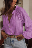 LC2553539-8-S, LC2553539-8-M, LC2553539-8-L, LC2553539-8-XL, LC2553539-8-2XL, Purple V-Neck Long Sleeve Button Up Lace Shirt 