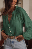 LC2553539-9-S, LC2553539-9-M, LC2553539-9-L, LC2553539-9-XL, LC2553539-9-2XL, Green V-Neck Long Sleeve Button Up Lace Shirt 