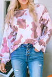 LC25314587-17-S, LC25314587-17-M, LC25314587-17-L, LC25314587-17-XL, Brown Cow Spots Print Drop Shoulder Puff Sleeve Sweatshirt