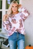 LC25314587-17-S, LC25314587-17-M, LC25314587-17-L, LC25314587-17-XL, Brown Cow Spots Print Drop Shoulder Puff Sleeve Sweatshirt