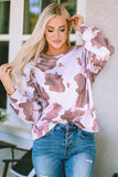 LC25314587-17-S, LC25314587-17-M, LC25314587-17-L, LC25314587-17-XL, Brown Cow Spots Print Drop Shoulder Puff Sleeve Sweatshirt