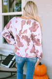 LC25314587-17-S, LC25314587-17-M, LC25314587-17-L, LC25314587-17-XL, Brown Cow Spots Print Drop Shoulder Puff Sleeve Sweatshirt