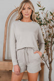 LC625104-11-S, LC625104-11-M, LC625104-11-L, LC625104-11-XL, LC625104-11-2XL, Gray Textured Long Sleeve Top and Drawstring Shorts Set