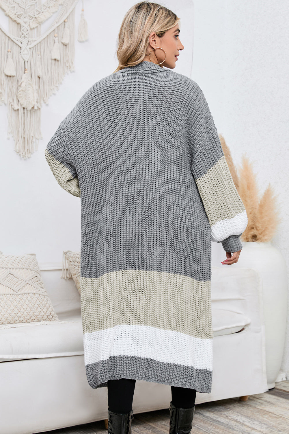 LC2711008-11-S, LC2711008-11-M, LC2711008-11-L, LC2711008-11-XL, Gray Colorblock Cable Knit Side Pockets Duster Cardigan