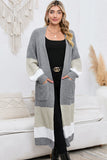 LC2711008-11-S, LC2711008-11-M, LC2711008-11-L, LC2711008-11-XL, Gray Colorblock Cable Knit Side Pockets Duster Cardigan