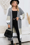 LC2711008-11-S, LC2711008-11-M, LC2711008-11-L, LC2711008-11-XL, Gray Colorblock Cable Knit Side Pockets Duster Cardigan