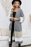 LC2711008-11-S, LC2711008-11-M, LC2711008-11-L, LC2711008-11-XL, Gray Colorblock Cable Knit Side Pockets Duster Cardigan