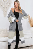 LC2711008-11-S, LC2711008-11-M, LC2711008-11-L, LC2711008-11-XL, Gray Colorblock Cable Knit Side Pockets Duster Cardigan