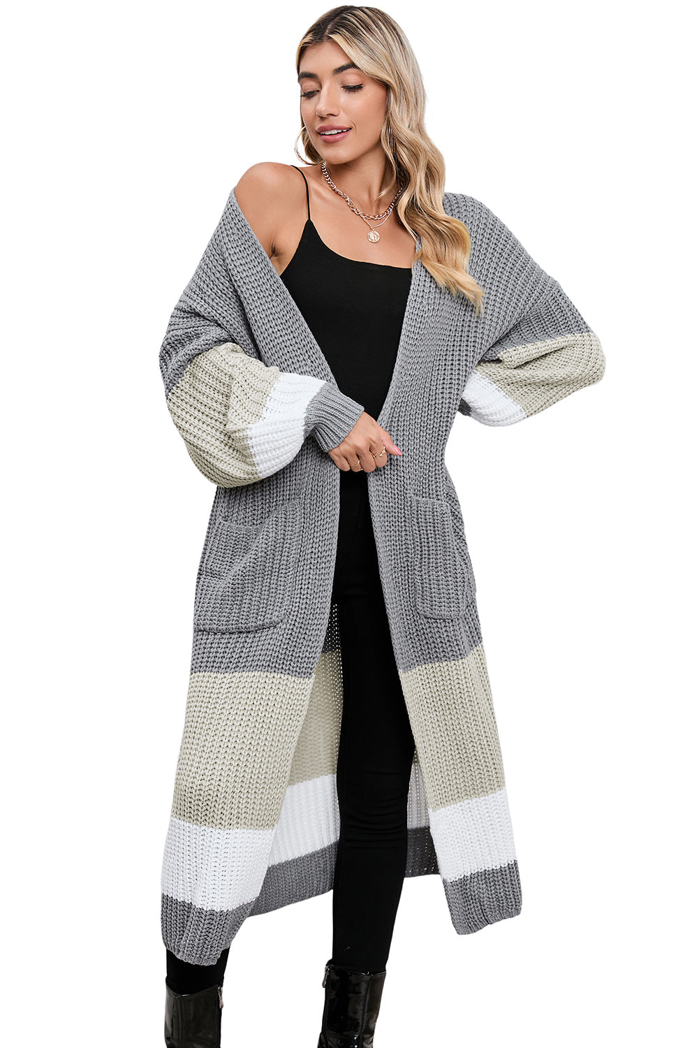LC2711008-11-S, LC2711008-11-M, LC2711008-11-L, LC2711008-11-XL, Gray Colorblock Cable Knit Side Pockets Duster Cardigan