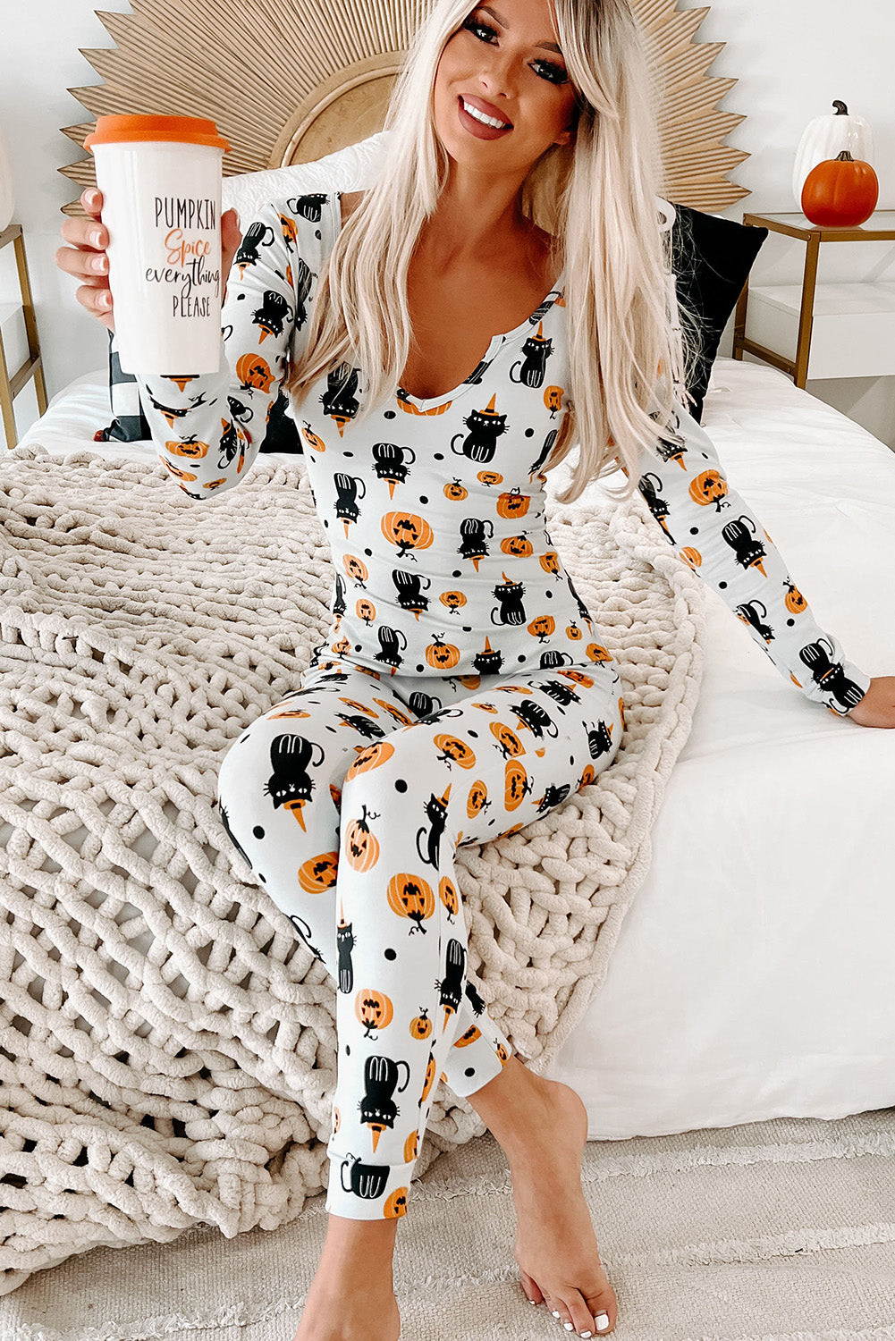 LC15669-1-S, LC15669-1-M, LC15669-1-L, LC15669-1-XL, White Spooky Halloween Printed Long Slim Fit Lounge Set