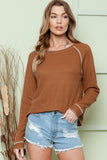 LC25122025-17-S, LC25122025-17-M, LC25122025-17-L, LC25122025-17-XL, LC25122025-17-2XL, LC25122025-17-3XL, Brown Textured Round Neck Long Sleeve Top 