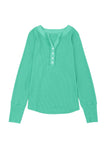 LC25121882-9-S, LC25121882-9-M, LC25121882-9-L, LC25121882-9-XL, LC25121882-9-2XL, Green Trimmed Neckline Waffle Knit Henley Top