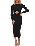 Women's Long Sleeve Cut Out Bodycon Dress Twist Front Ruched Split Midi Dress