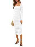 Women's Sexy Ruched Bodycon Dress Square Neck Long Sleeve Backless Knit Party Club Midi Dresses