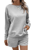 LC625104-11-S, LC625104-11-M, LC625104-11-L, LC625104-11-XL, LC625104-11-2XL, Gray Textured Long Sleeve Top and Drawstring Shorts Set