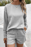 LC625104-11-S, LC625104-11-M, LC625104-11-L, LC625104-11-XL, LC625104-11-2XL, Gray Textured Long Sleeve Top and Drawstring Shorts Set