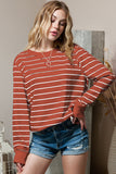 LC25122022-3-S, LC25122022-3-M, LC25122022-3-L, LC25122022-3-XL, Red Striped Print Ribbed Trim Long Sleeve Top