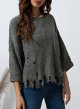 LC2722374-11-S, LC2722374-11-M, LC2722374-11-L, LC2722374-11-XL, LC2722374-11-2XL, Gray Ripped Raw Hem Chunky Pullover Sweater