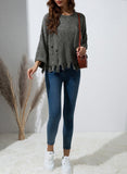 LC2722374-11-S, LC2722374-11-M, LC2722374-11-L, LC2722374-11-XL, LC2722374-11-2XL, Gray Ripped Raw Hem Chunky Pullover Sweater