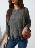 LC2722374-11-S, LC2722374-11-M, LC2722374-11-L, LC2722374-11-XL, LC2722374-11-2XL, Gray Ripped Raw Hem Chunky Pullover Sweater
