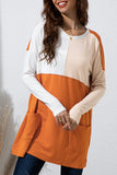 LC25116711-14-S, LC25116711-14-M, LC25116711-14-L, LC25116711-14-XL, LC25116711-14-2XL, Orange Pocketed Color Block Patchwork Long Sleeve Top