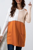 LC25116711-14-S, LC25116711-14-M, LC25116711-14-L, LC25116711-14-XL, LC25116711-14-2XL, Orange Pocketed Color Block Patchwork Long Sleeve Top
