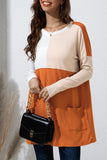 LC25116711-14-S, LC25116711-14-M, LC25116711-14-L, LC25116711-14-XL, LC25116711-14-2XL, Orange Pocketed Color Block Patchwork Long Sleeve Top