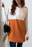 LC25116711-14-S, LC25116711-14-M, LC25116711-14-L, LC25116711-14-XL, LC25116711-14-2XL, Orange Pocketed Color Block Patchwork Long Sleeve Top