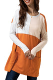LC25116711-14-S, LC25116711-14-M, LC25116711-14-L, LC25116711-14-XL, LC25116711-14-2XL, Orange Pocketed Color Block Patchwork Long Sleeve Top
