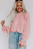 LC25121763-1010-S, LC25121763-1010-M, LC25121763-1010-L, LC25121763-1010-XL, Pink Striking Pleated Flared Cuff Long Sleeve Blouse