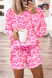 Women Pink Leopard Long Sleeve Satin Tie Shorts Two Piece Set