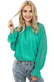 LC25121763-9-S, LC25121763-9-M, LC25121763-9-L, LC25121763-9-XL, Green Striking Pleated Flared Cuff Long Sleeve Blouse