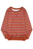 LC25122022-3-S, LC25122022-3-M, LC25122022-3-L, LC25122022-3-XL, Red Striped Print Ribbed Trim Long Sleeve Top