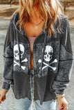 Women Patchwork Skull Zipper Hooded Drawstring Casual Jackets