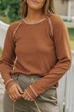 LC25122025-17-S, LC25122025-17-M, LC25122025-17-L, LC25122025-17-XL, LC25122025-17-2XL, LC25122025-17-3XL, Brown Textured Round Neck Long Sleeve Top 