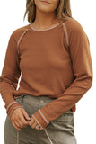 LC25122025-17-S, LC25122025-17-M, LC25122025-17-L, LC25122025-17-XL, LC25122025-17-2XL, LC25122025-17-3XL, Brown Textured Round Neck Long Sleeve Top 