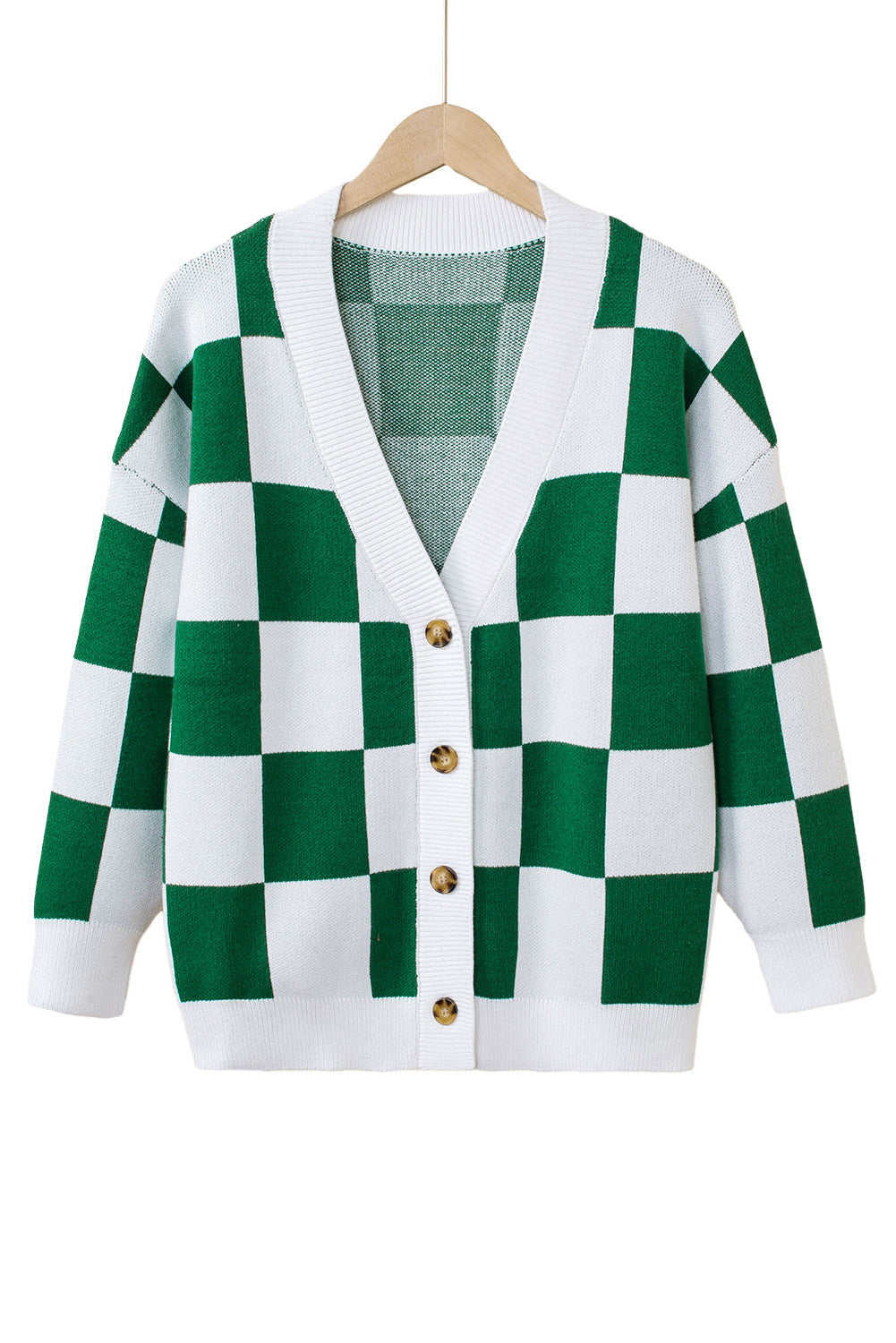 LC271943-9-S, LC271943-9-M, LC271943-9-L, LC271943-9-XL, LC271943-9-2XL, Green Contrast Checkered Print Button Up Sweater Cardigan 