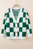 LC271943-9-S, LC271943-9-M, LC271943-9-L, LC271943-9-XL, LC271943-9-2XL, Green Contrast Checkered Print Button Up Sweater Cardigan 