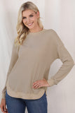 LC25115662-18-S, LC25115662-18-M, LC25115662-18-L, LC25115662-18-XL, LC25115662-18-2XL, Apricot Crew Neck Ribbed Trim Waffle Knit Top