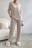 LC625308-P16-S, LC625308-P16-M, LC625308-P16-L, LC625308-P16-XL, Khaki Ribbed Knit V Neck Slouchy Two-piece Outfit