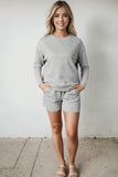 LC625104-11-S, LC625104-11-M, LC625104-11-L, LC625104-11-XL, LC625104-11-2XL, Gray Textured Long Sleeve Top and Drawstring Shorts Set